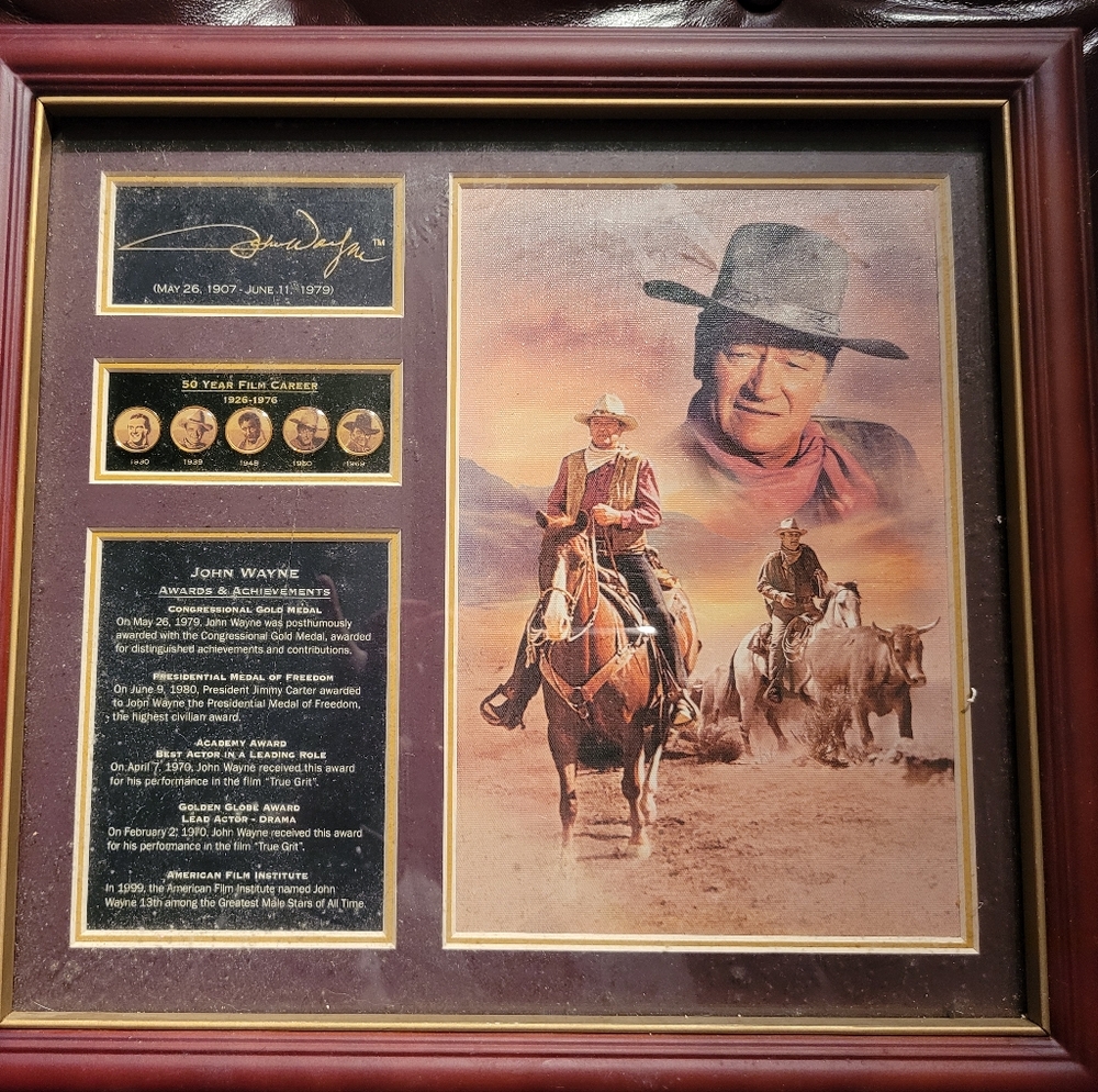 Bradford Exchange John Wayne collectible picture with signature, films, awards